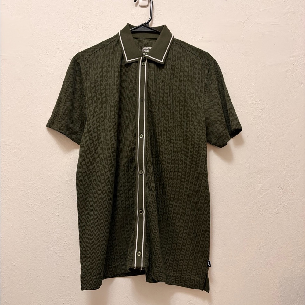 Lands' End Men's Olive Herringbone Polo with White Tipping Detailing